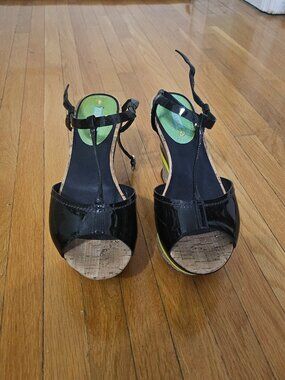 CELINE Paris Vintage Wedge Sandals Black Patent Leather Size EU 38
